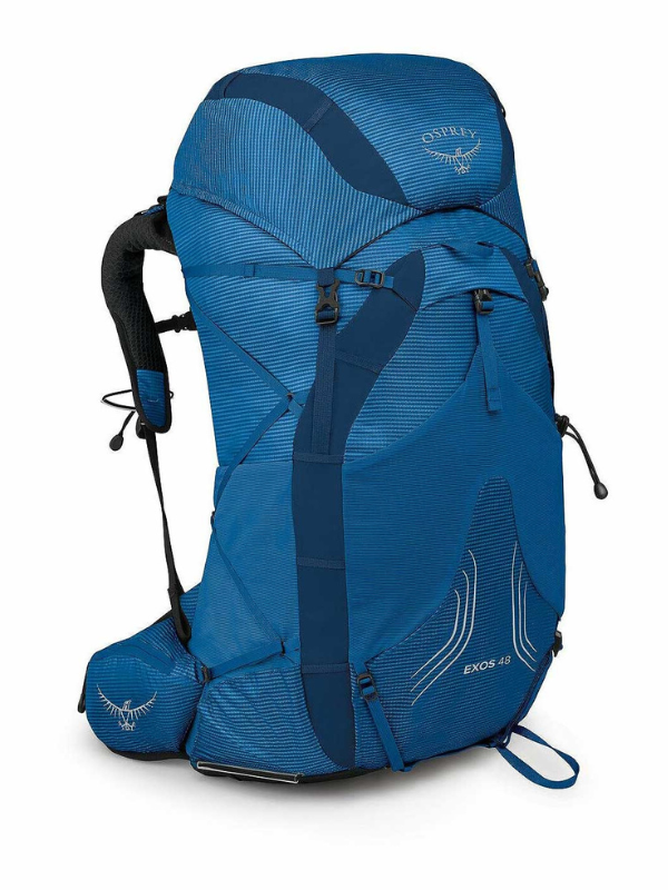 Синя ултралека туристическа раница Osprey Exos 48 с голям капацитет, мрежест гръб за вентилация и компресионни ленти