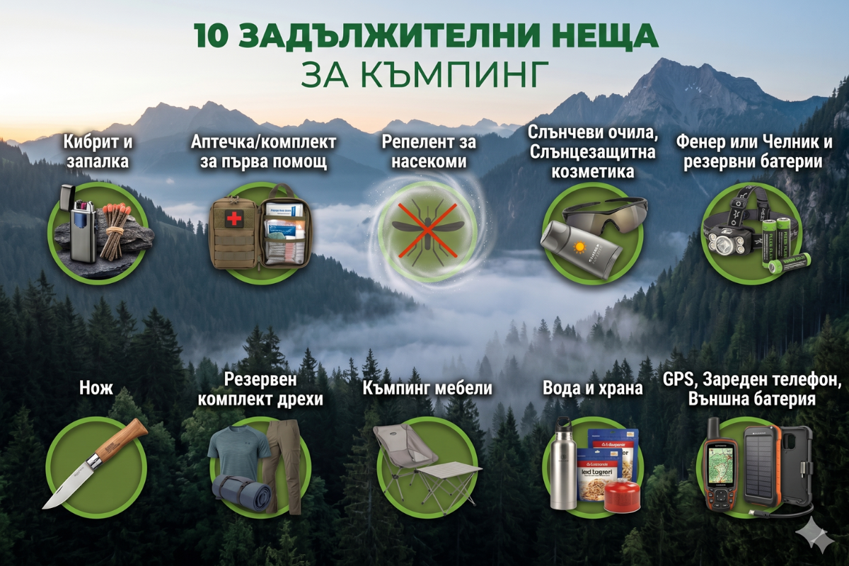 Инфографика &bdquo;10 задължителни неща за къмпинг&ldquo; на фон с планински пейзаж, показваща екипировка: кибрит, аптечка, репелент, слънцезащита, челник, нож, дрехи, къмпинг мебели, храна и GPS.