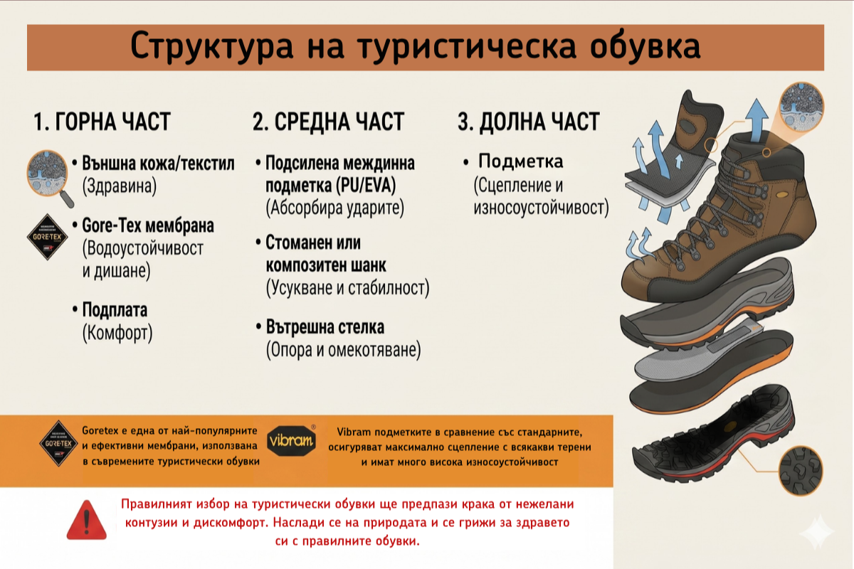 Инфографика на SPORT DEPOT, показваща структурата на туристическа обувка: горна част с Gore-Tex мембрана, средна част с PU/EVA подметка за абсорбиране на удари и долна част с Vibram подметка за максимално сцепление.