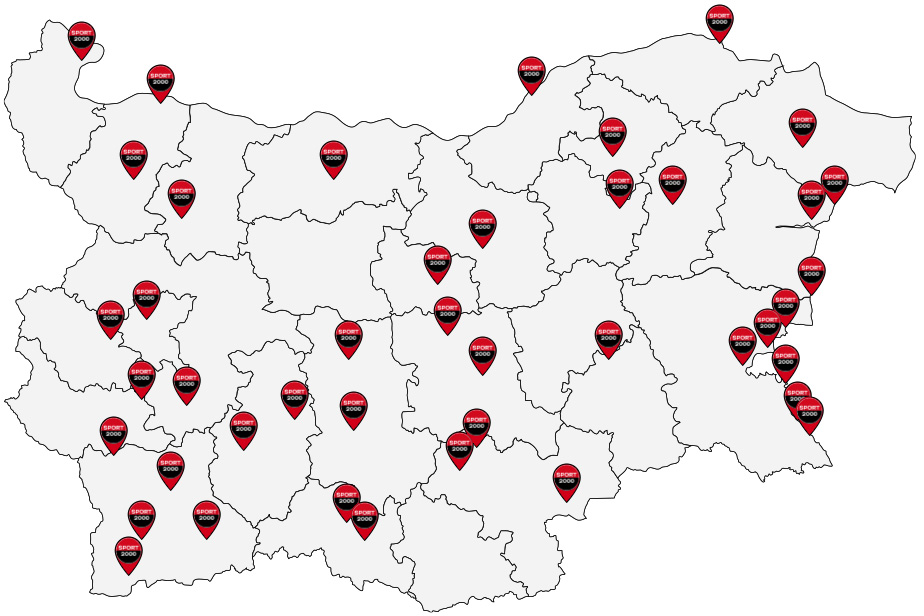 карта на България с множество червени локации, разпръснати из цялата страна, маркиращи партньори на Спорт Депо