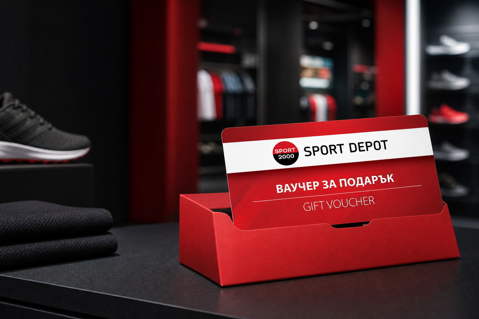 Ваучер за подарък SPORT DEPOT в подаръчна поставка в спортен магазин